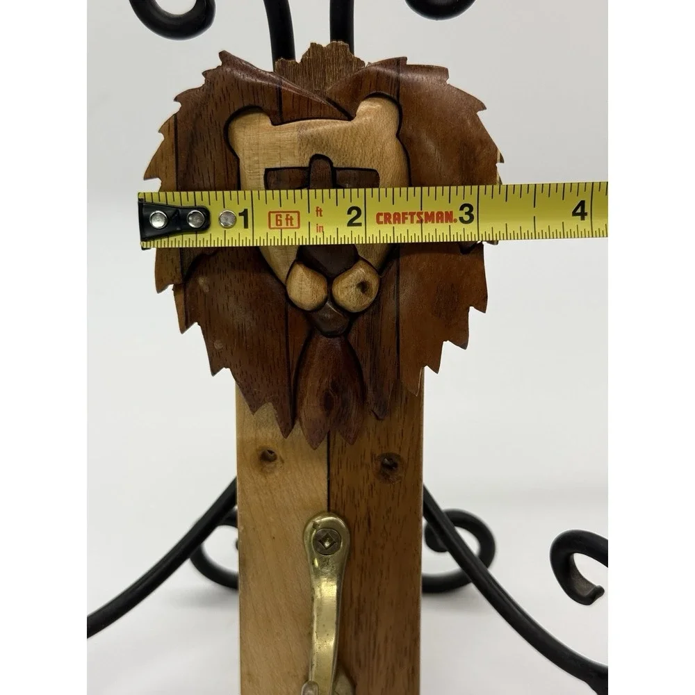 Hand Carved Wooden Lion Wall Hook Key Holder Brass Coat Hook Folk Art 8.5